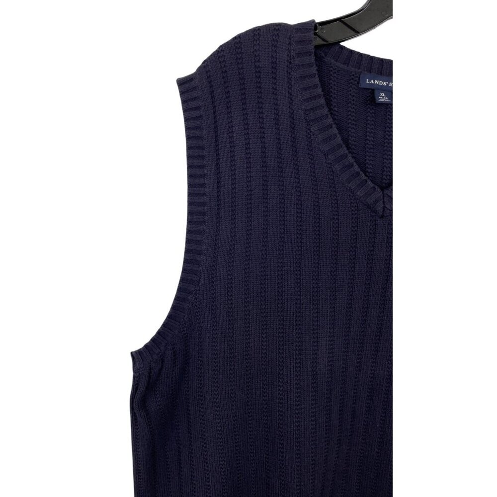 Lands End Mens Size XL Navy Blue Cotton Ribbed Knit V-Neck Sweater Vest - Picture 4 of 7